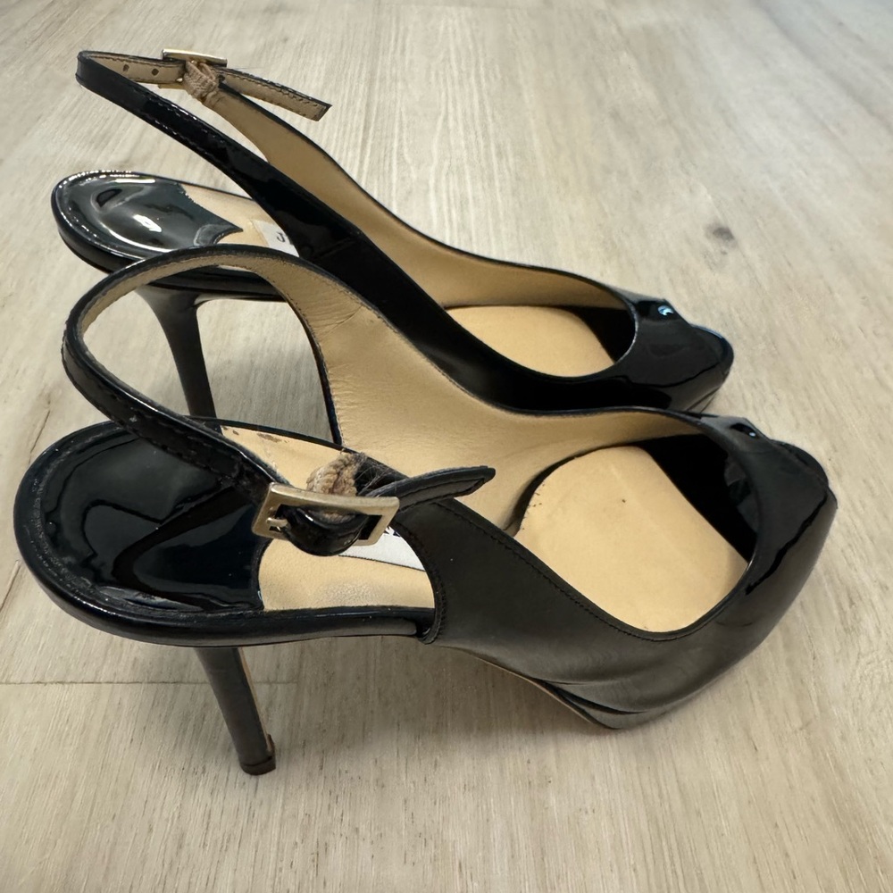 Jimmy Choo Black Patent Leather Stiletto Heels Open Toe